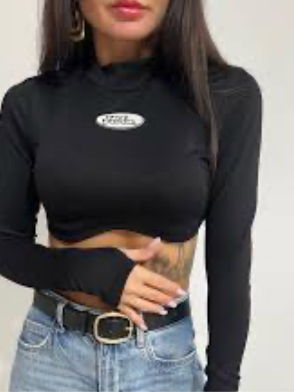 No Fear Black Ribbed Long Sleeve Crop Top Size S